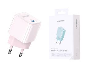 Сетевое зарядное устройство USB THREEKEY TK-116 (EU) Single C Port 30W GaN Direct Plug Charging Head (розовый) (LUX от XO)