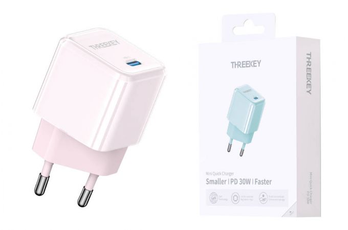 Сетевое зарядное устройство USB THREEKEY TK-116 (EU) Single C Port 30W GaN Direct Plug Charging Head (розовый) (LUX от XO)