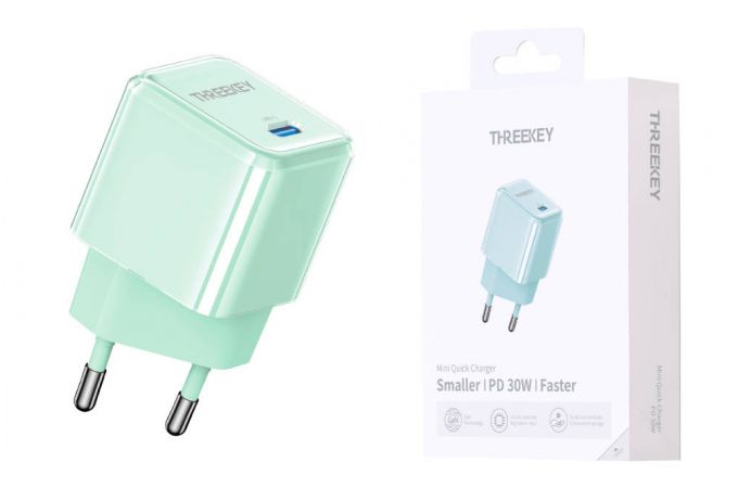 Сетевое зарядное устройство USB THREEKEY TK-116 (EU) Single C Port 30W GaN Direct Plug Charging Head (зеленый) (LUX от XO)