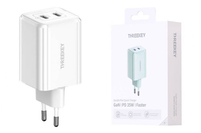 Сетевое зарядное устройство USB THREEKEY TK-111 (EU) Intelligent Shunt 35w Dual TYPE-C Port Gallium Nitride Charger (белый) (LUX от XO)