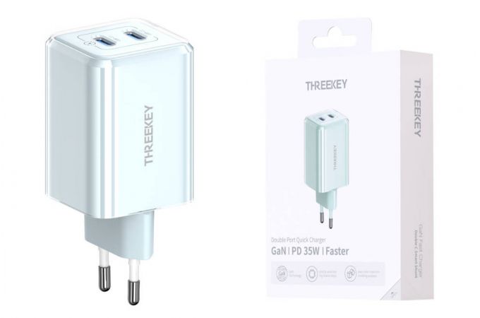 Сетевое зарядное устройство USB THREEKEY TK-111 (EU) Intelligent Shunt 35w Dual TYPE-C Port Gallium Nitride Charger (голубой) (LUX от XO)