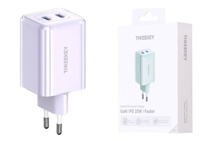 Сетевое зарядное устройство USB THREEKEY TK-111 (EU) Intelligent Shunt 35w Dual TYPE-C Port Gallium Nitride Charger (фиолетовый) (LUX от XO)