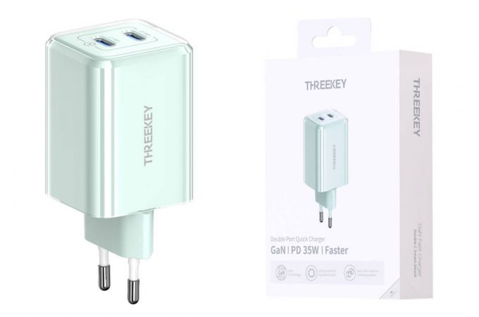 Сетевое зарядное устройство USB THREEKEY TK-111 (EU) Intelligent Shunt 35w Dual TYPE-C Port Gallium Nitride Charger (зеленый) (LUX от XO)