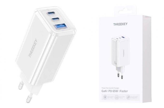 Сетевое зарядное устройство USB THREEKEY TK-113 (EU) 65W 2C1A Folding Gallium Nitride Charger (белый) (LUX от XO)