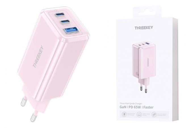 Сетевое зарядное устройство USB THREEKEY TK-113 (EU) 65W 2C1A Folding Gallium Nitride Charger (розовый) (LUX от XO)