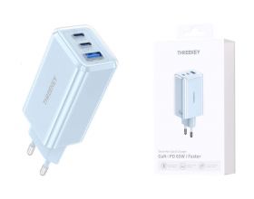 Сетевое зарядное устройство USB THREEKEY TK-113 (EU) 65W 2C1A Folding Gallium Nitride Charger (голубой) (LUX от XO)