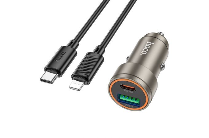 Автомобильное зарядное устройство АЗУ USB + Type-C + кабель Lightning HOCOZ57A Glorious PD30W+QC3.0 (золотой)