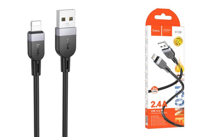 Кабель USB - Lightning HOCO X109, 2,4A (черный) 3м силиконовый