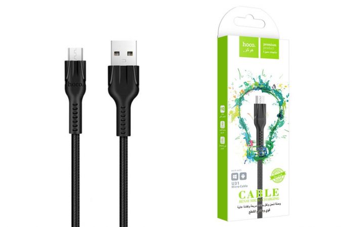 Кабель USB - MicroUSB HOCO U31 2,4A (черный) 1м (в оплетке)