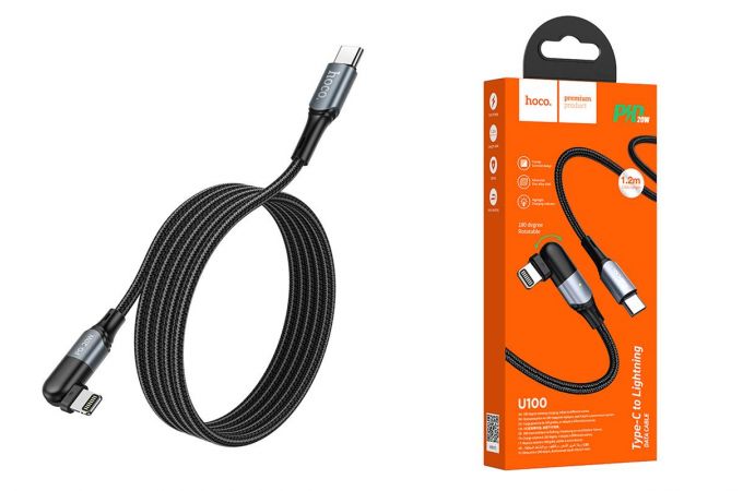 Кабель USB Type-C - Lightning HOCO U100, 3A PD20W (черный) 1,2м (в оплетке, поворотный)