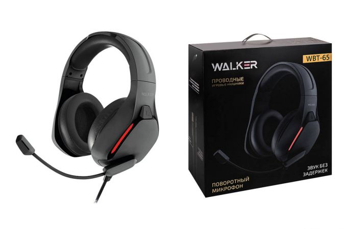 Наушники мониторные проводные WALKER  WBT-65, проводные, полноразмерные, поворотный микрофон, с подcветкой, черные