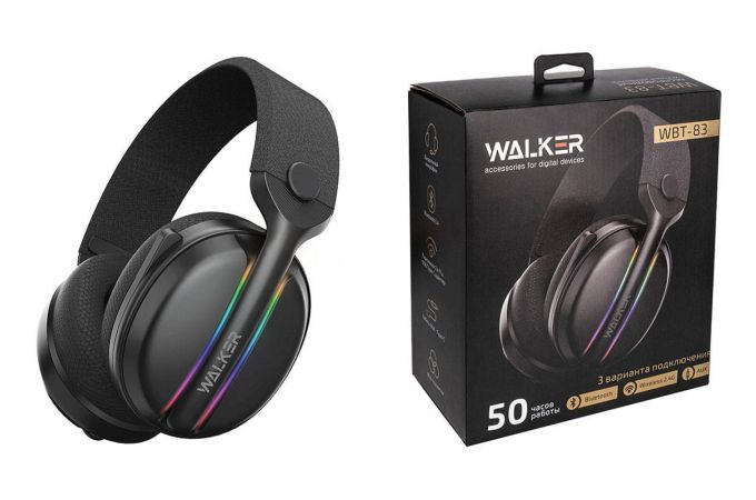 Наушники мониторные беспроводные WALKER  WBT-83, Bluetooth, 3в1 (AUX, 2,4 ГГц), микрофон, подсветка, полноразм, черные