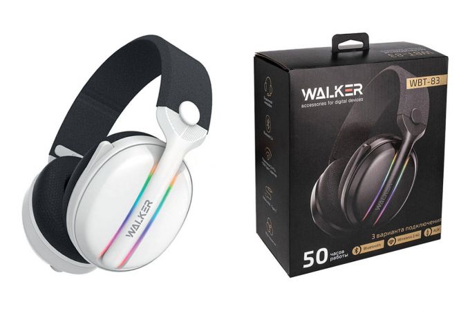 Наушники мониторные беспроводные WALKER  WBT-83, Bluetooth, 3в1 (AUX, 2,4 ГГц), микрофон, подсветка, полноразм, белые