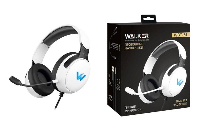 Наушники мониторные проводные WALKER  WBT-61, проводные, полноразмерные, гибкий микрофон, с подcветкой, белые