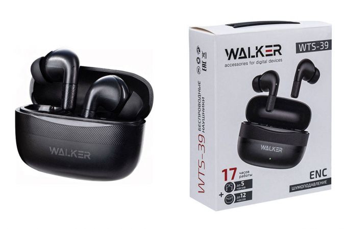 Наушники вакуумные беспроводные WALKER WTS-39, шумопод. ENC, независ. работа наушников, черные