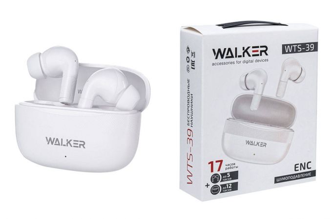 Наушники вакуумные беспроводные WALKER WTS-39, шумопод. ENC, независ. работа наушников, белые