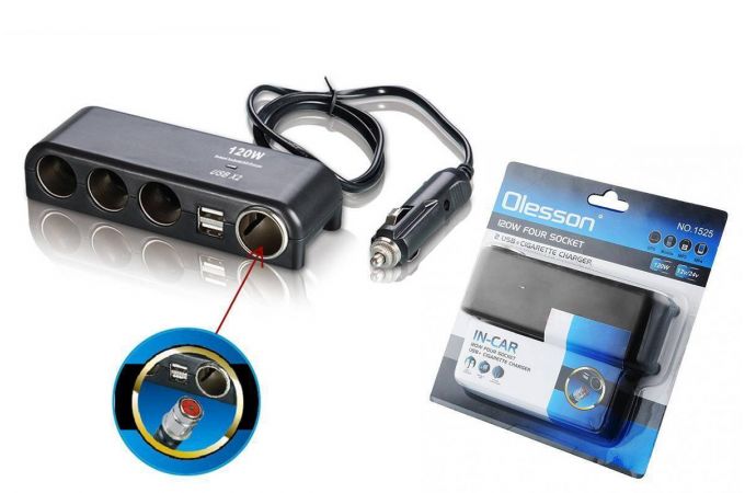 Разветвитель прикуривателя в авто OLESSON 1525 (4 гнезда+2*USB)