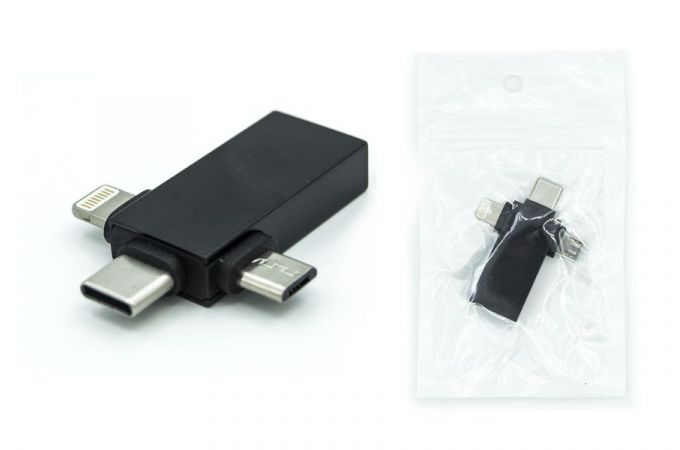 Переходник OTG 3 в 1 Miсro USB + Type-C + Lightning (зиплок)