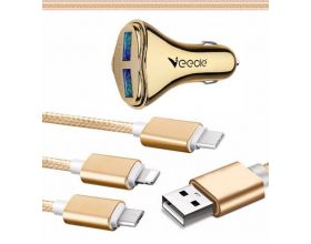 Автомобильное зарядное устройство АЗУ USB + кабель MicroUSB VEECLE HM-C13 MicroUSB/Type-C/iPhone (5B,2100mA) (золотистый)