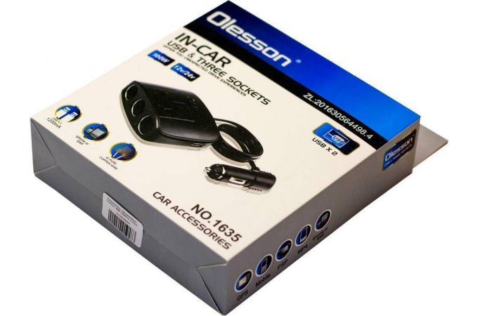Разветвитель прикуривателя в авто OLESSON 1635 (3 гнезда+2*USB)