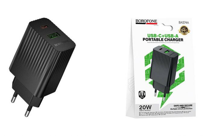 Сетевое зарядное устройство USB + USB-C BOROFONE BAS74A Source PD20W+QC3.0 (EU) черный