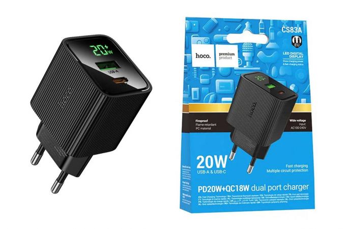 Сетевое зарядное устройство HOCO CS83A Excellent PD20W+QC3.0 с цифровым дисплеем (черный)