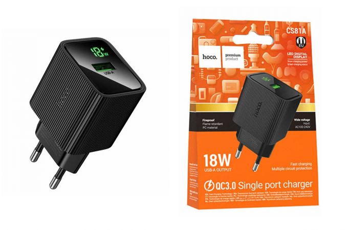 Сетевое зарядное устройство HOCO CS81A Excellent single port QC3.0 с цифровым дисплеем (черный)