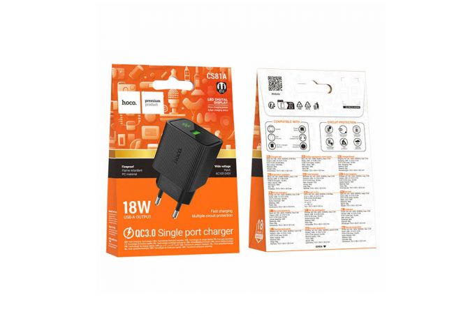 Сетевое зарядное устройство HOCO CS81A Excellent single port QC3.0 с цифровым дисплеем (черный)