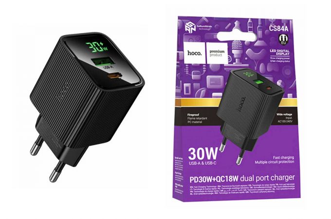 Сетевое зарядное устройство USB + USB-C HOCO CS84A Excellent PD30W+QC3.0 charger with digital display (черное)