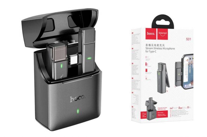 Микрофон беспроводной петличка HOCO S31 Stream wireless microphone + receiver Lightning серый