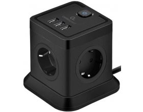 Сетевой фильтр с USB заряд. Cablexpert Tower TWR-4-U3-B-2 черный, 4 розетки, 10А, 3xUSB, 3.1А, 2м