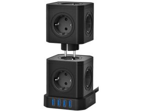 Сетевой фильтр с USB заряд. Cablexpert Tower TWR-9-U4-B-2 черный, 9р, 16А, 4хUSB, 3.1А, 2м