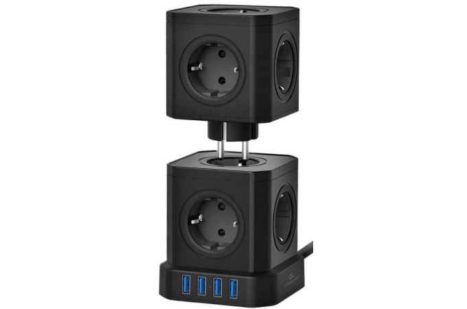 Сетевой фильтр с USB заряд. Cablexpert Tower TWR-9-U4-B-2 черный, 9р, 16А, 4хUSB, 3.1А, 2м