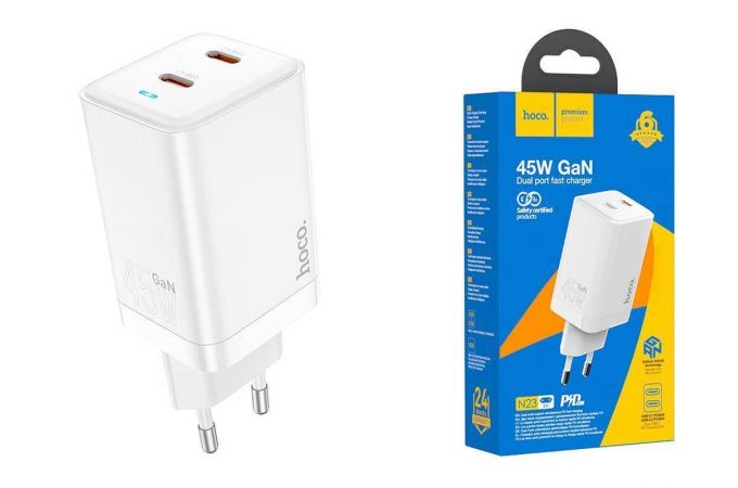 Сетевое зарядное устройство 2USB-C HOCO N23 Bright PD 45W+QC3.0 (белый)