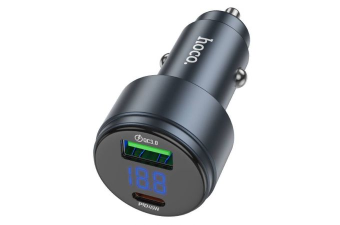 Автомобильное зарядное устройство АЗУ USB + USB-C HOCO Z57B Glorious 63W dual-port digital display PD45W+QC3.0 (серый)