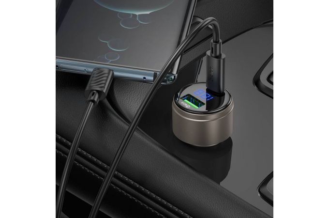 Автомобильное зарядное устройство АЗУ USB + USB-C HOCO Z57B Glorious 63W dual-port digital display PD45W+QC3.0 (серый)