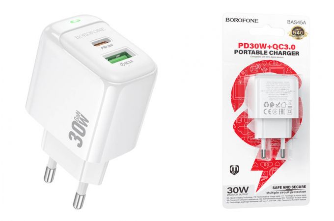 Сетевое зарядное устройство USB + USB-C BOROFONE BAS45A Potential PD30W+QC3.0 (белый)