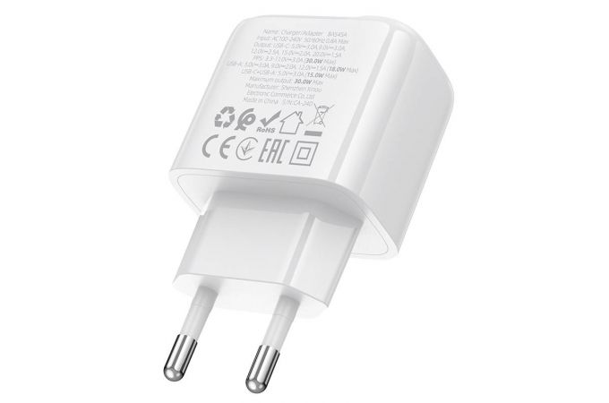 Сетевое зарядное устройство USB + USB-C BOROFONE BAS45A Potential PD30W+QC3.0 (белый)