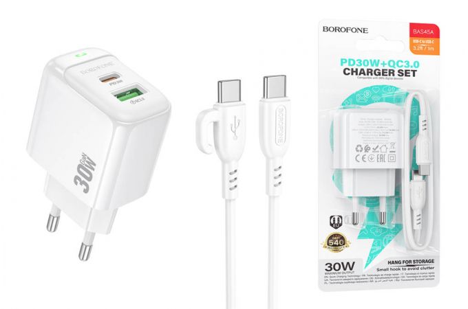 Сетевое зарядное устройство USB + USB-C + кабель Type-C BOROFONE BAS45A Potential PD30W+QC3.0  (белый)