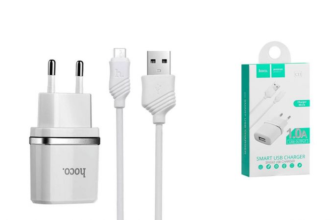 Сетевое зарядное устройство USB + кабель MicroUSB HOCO C11 1000mAh (белый)