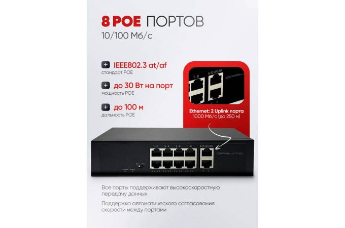 Коммутатор неуправляемый Орбита OT-VNP41 POE (8poe+2lan порта)
