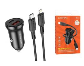 Автомобильное зарядное устройство АЗУ USB + Type-С + кабель Lightning Borofone BZ18A PD20W + QC3.0 (черный)