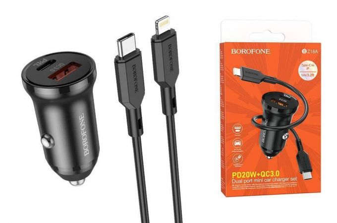 Автомобильное зарядное устройство АЗУ USB + Type-С + кабель Lightning Borofone BZ18A PD20W + QC3.0 (черный)