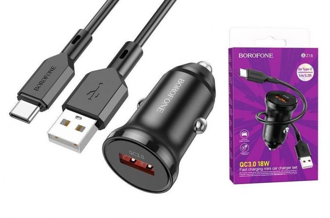 Автомобильное зарядное устройство АЗУ USB + кабель Type-C Borofone BZ18 QC3.0 (черный)