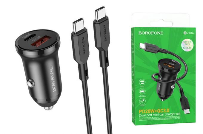 Автомобильное зарядное устройство АЗУ USB + Type-C + кабель Type-C - Type-C Borofone BZ18A PD20W + QC3.0 (черный)