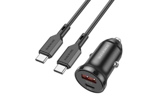 Автомобильное зарядное устройство АЗУ USB + Type-C + кабель Type-C - Type-C Borofone BZ18A PD20W + QC3.0 (черный)