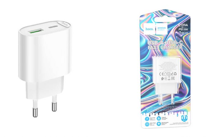 Сетевое зарядное устройство USB + USB-C HOCO C109A (PD20W+QC3.0) Fighter PD20W+QC3.0 (белый)
