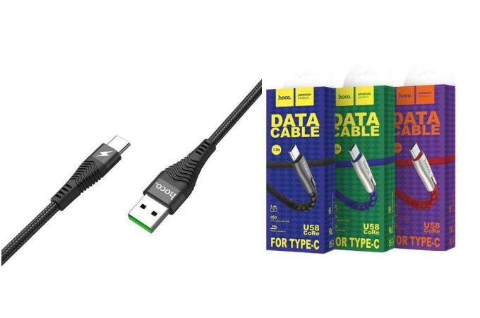Кабель USB - USB Type-C HOCO U58, 2,4A (черный) 1,2м (в оплетке, с усилением сгиба)