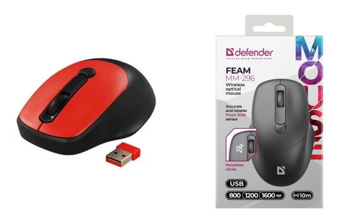 Мышь беспроводная Defender Feam MM-296 красный 800-1600 dpi /сенсор Pixart3065/бесшумные кнопки