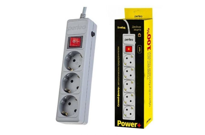 Сетевой фильтр Perfeo "POWER+", 1,8м, 3 розетки, серый (PF-PP-3/1,8-G)
